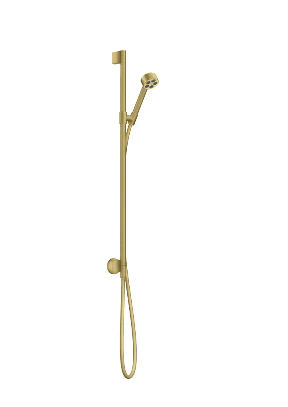 Brauseset von AXOR mit Wandanschluss in gebürstetem Messing, inklusive einer Handbrause und einem flexiblen Schlauch.